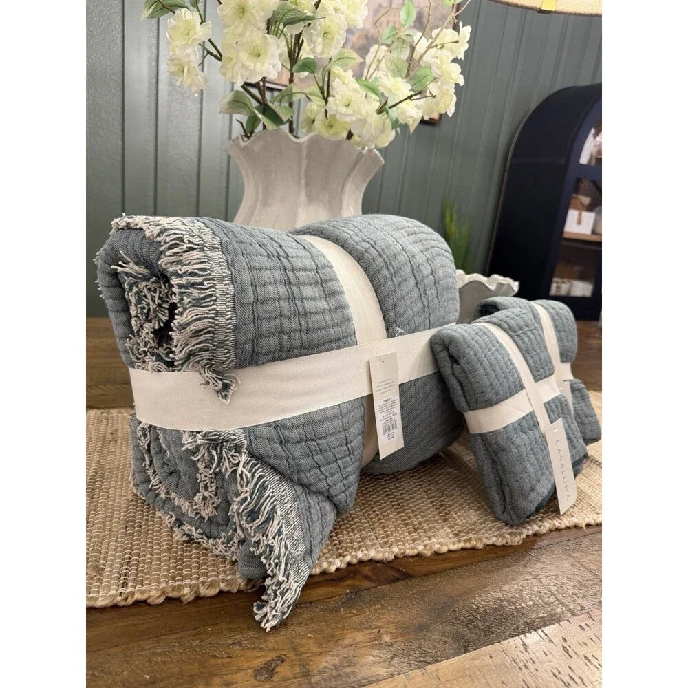 RARE BUNDE Casaluna Queen Chambray Coverlet + 2 Euro Shams Dark Teal Blue $197